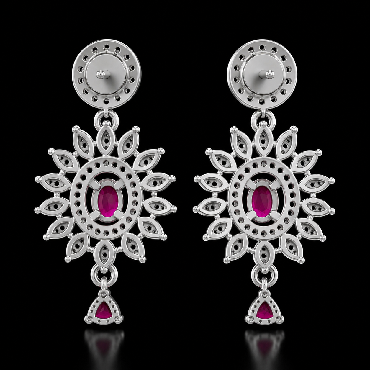 Elegant Ruby & Diamond Floral Drop Earrings